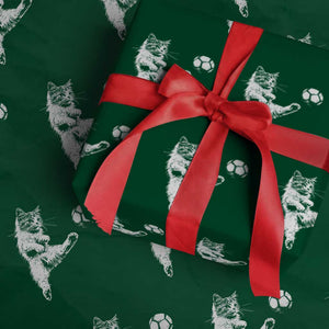 Vintage Sketch Soccer Cat Graphic Wrapping Paper Roll Kitten Kicking Football Sports Lover TS02 Green Print Your Wear
