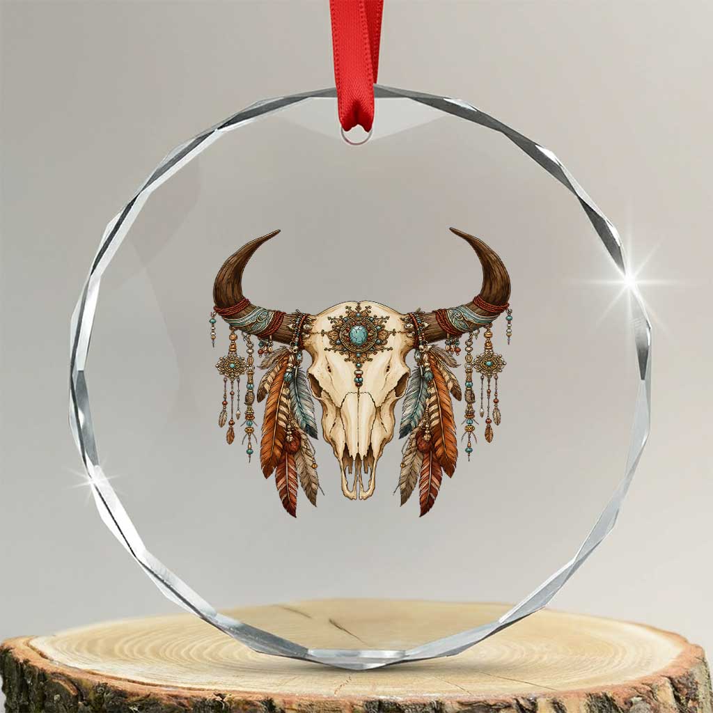 Vintage Southwestern Cow Skull Crystal Glass Ornament Boho Feather Western Graphic TS12 Transparent Glass 3'' Circle Print Your Wear