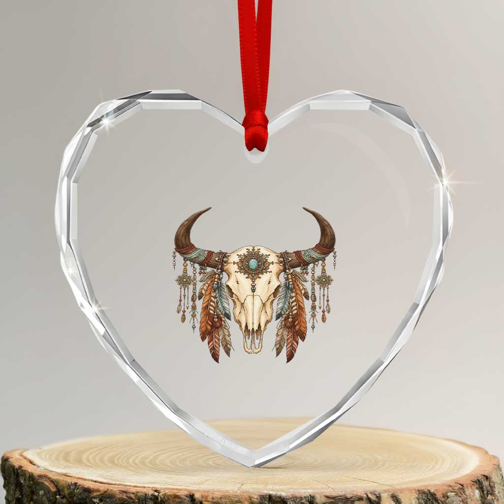 Vintage Southwestern Cow Skull Heart Crystal Glass Ornament Boho Feather Western Graphic TS12 Transparent Glass 3'' Heart Print Your Wear