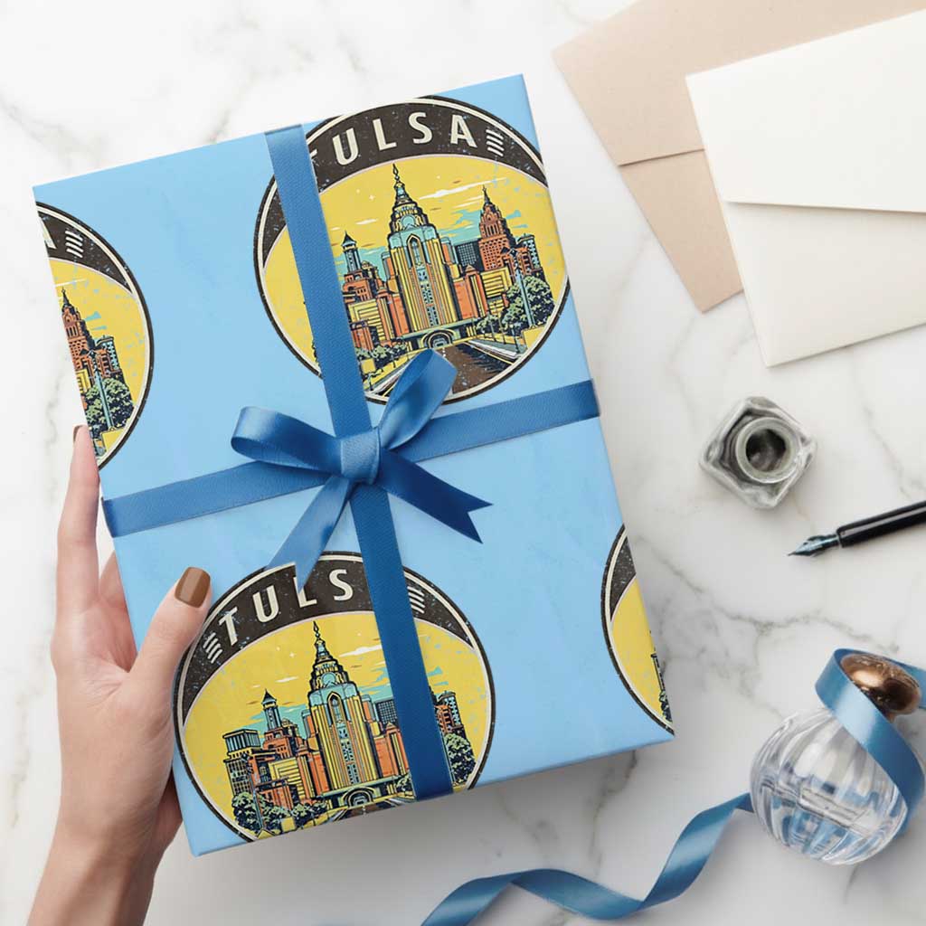 Vintage Tulsa Oklahoma Cityscape Pride Wrapping Paper Roll TS12 Light Blue Print Your Wear