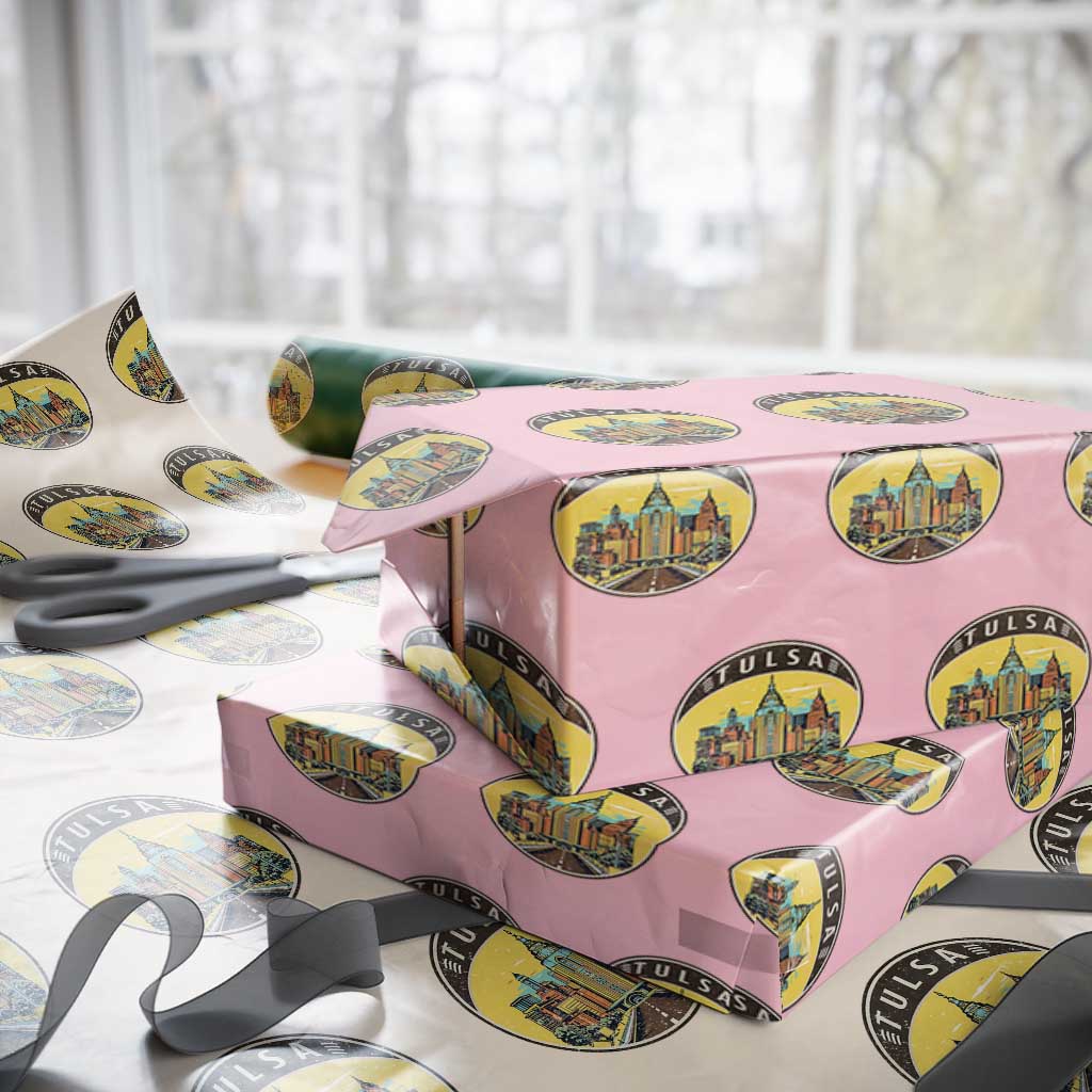 Vintage Tulsa Oklahoma Cityscape Pride Wrapping Paper Roll TS12 Light Pink Print Your Wear