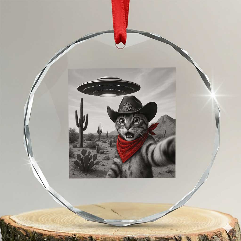 Vintage UFO Cowboy Cat Crystal Glass Ornament Retro 90s Western Rodeo Kitten Cat Selfie With Alien UFO TS10 Transparent Glass 3'' Circle Print Your Wear