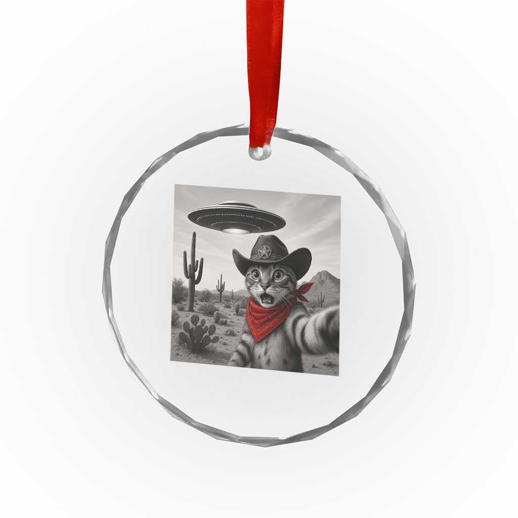 Vintage UFO Cowboy Cat Crystal Glass Ornament Retro 90s Western Rodeo Kitten Cat Selfie With Alien UFO TS10 Print Your Wear