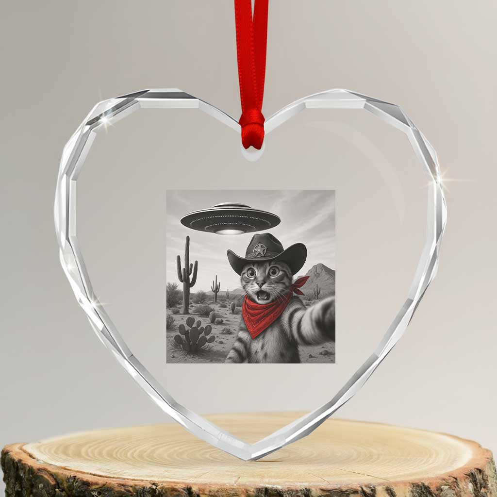 Vintage UFO Cowboy Cat Heart Crystal Glass Ornament Retro 90s Western Rodeo Kitten Cat Selfie With Alien UFO TS10 Transparent Glass 3'' Heart Print Your Wear