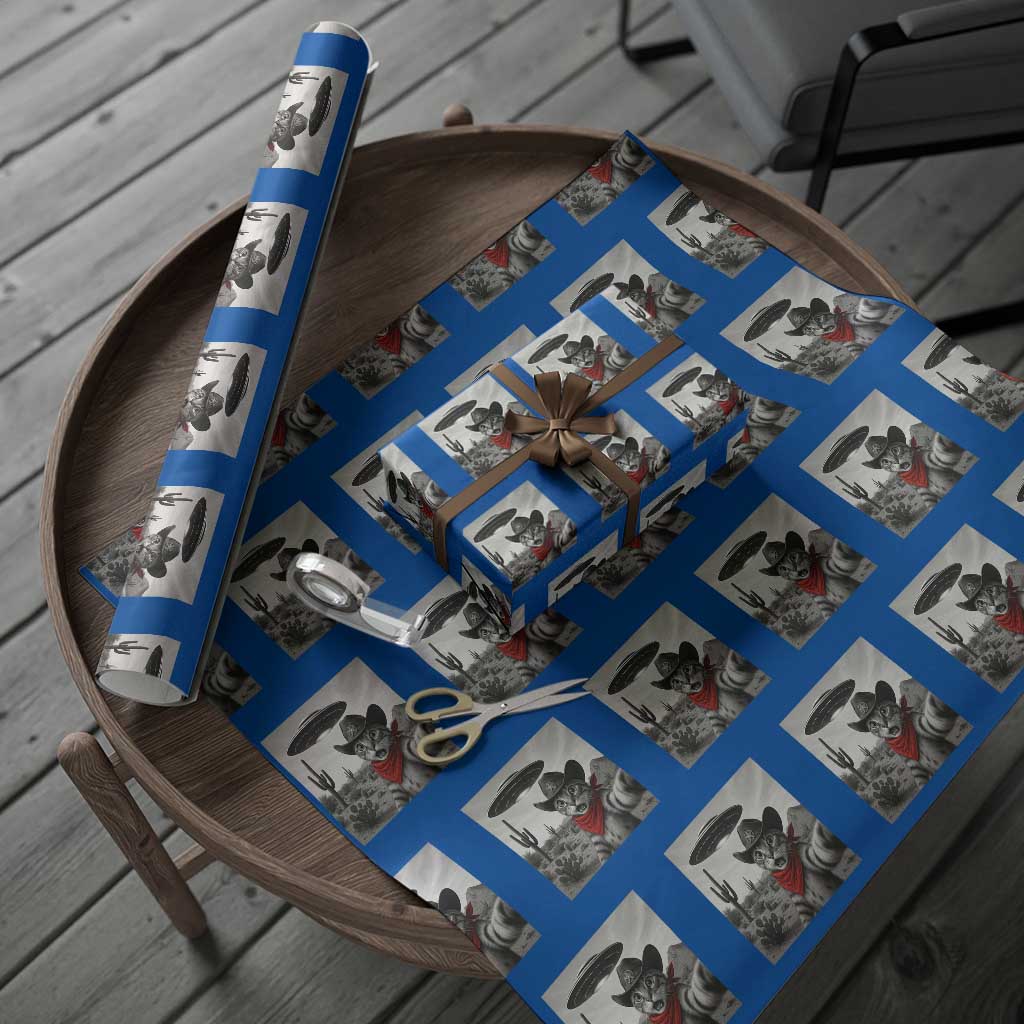 Vintage UFO Cowboy Cat Wrapping Paper Roll Retro 90s Western Rodeo Kitten Cat Selfie With Alien UFO TS10 Blue Print Your Wear