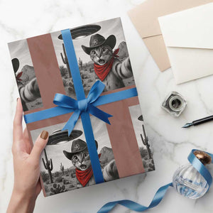 Vintage UFO Cowboy Cat Wrapping Paper Roll Retro 90s Western Rodeo Kitten Cat Selfie With Alien UFO TS10 Mocha Print Your Wear