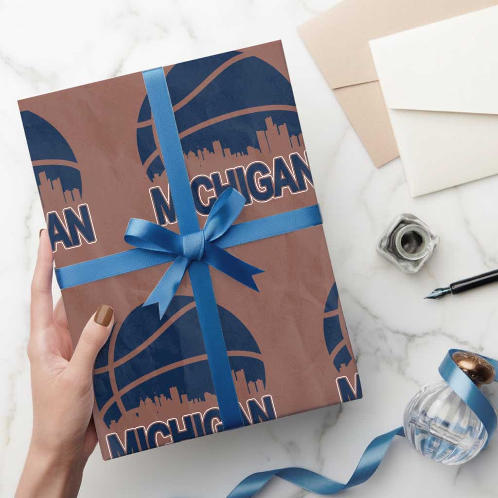 Vintage Urban Michigan Skyline Wrapping Paper Roll Gift For Basketball Fan TS12 Mocha Print Your Wear