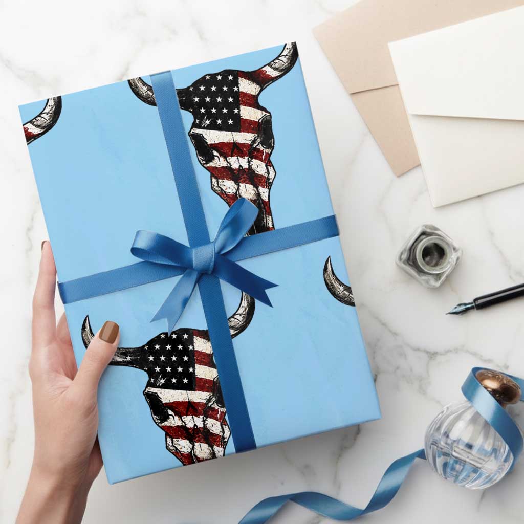 Vintage Western Cow Skull Usa Flag Wrapping Paper Roll Patriotic American Pride