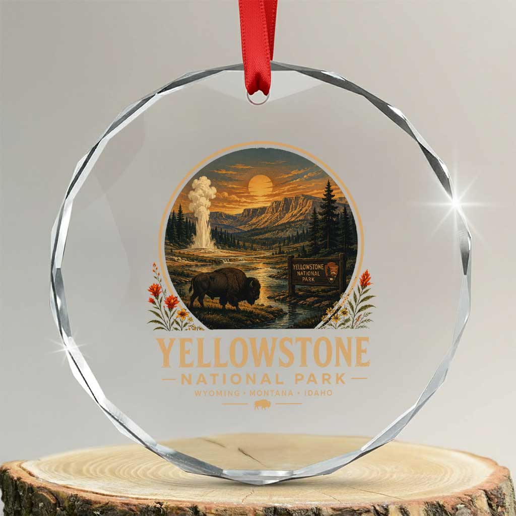 Vintage Yellowstone National Park Vintage Bison Geyser Crystal Glass Ornament Wyoming Montana Idaho Hiking Camping TS10 Transparent Glass 3'' Circle Print Your Wear