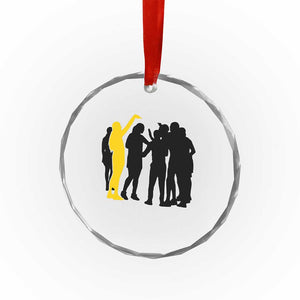 Viral Basketball Pointing Huddle Crystal Glass Ornament Funny Women Sports Culture Meme Yellow Silhouette Graphic