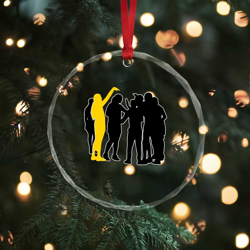 Viral Basketball Pointing Huddle Crystal Glass Ornament Funny Women Sports Culture Meme Yellow Silhouette Graphic
