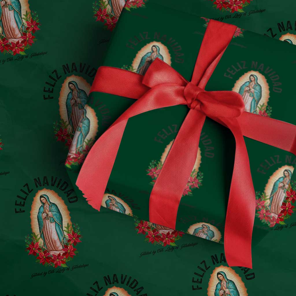 Virgin Mary Feliz Navidad Wrapping Paper Roll Our Lady Virgen De Guadalupe TS14 Green Print Your Wear