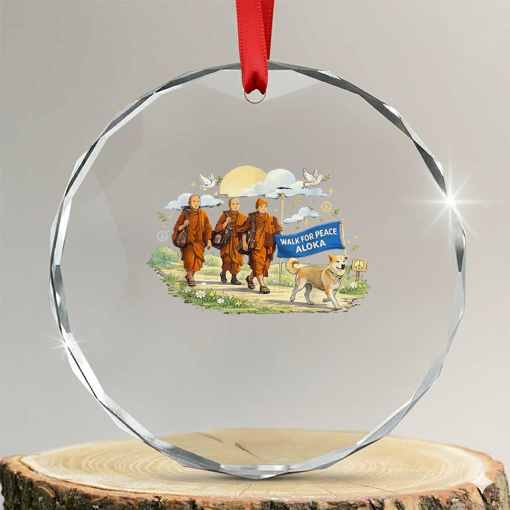 Walk for Peace Monks with Aloka the Dog Crystal Glass Ornament Spiritual Pilgrimage Buddhist Inspired TS02 Transparent Glass 3'' Circle Print Your Wear