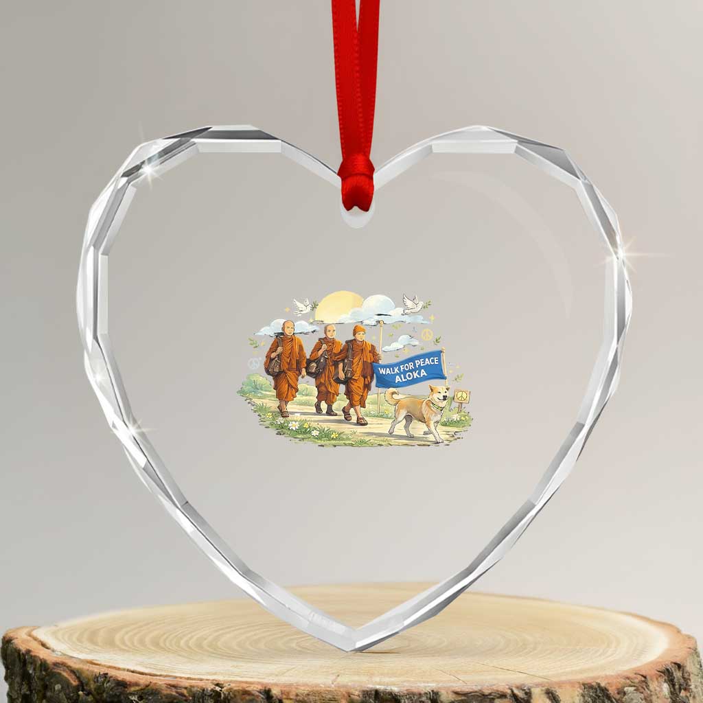 Walk for Peace Monks with Aloka the Dog Heart Crystal Glass Ornament Spiritual Pilgrimage Buddhist Inspired TS02 Transparent Glass 3'' Heart Print Your Wear