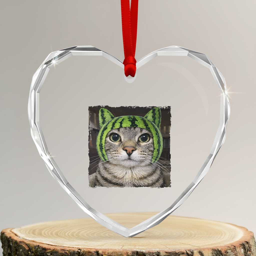 Watermelon Cat Silly Cat Meme Heart Crystal Glass Ornament TS10 Transparent Glass 3'' Heart Print Your Wear