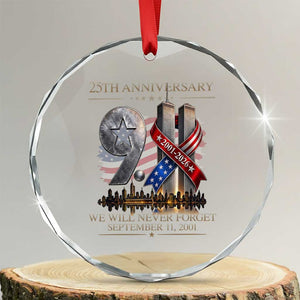 We Will Never Forget 9 11 Memorial 25th Anniversary Crystal Glass Ornament Patriotic American Flag Ribbon