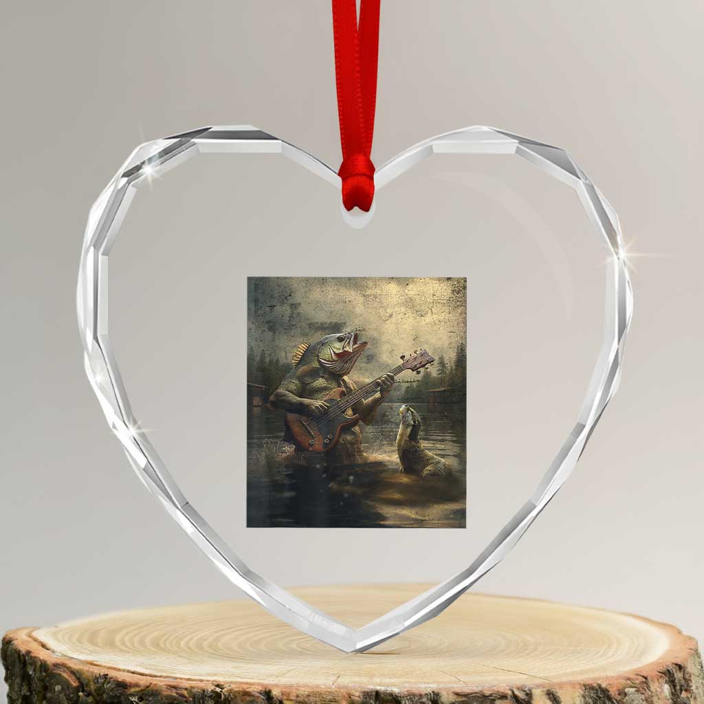 Weird Bass Fish Playing Bass Guitar Heart Crystal Glass Ornament Funny Cursed Meme TS14 Transparent Glass 3'' Heart Print Your Wear