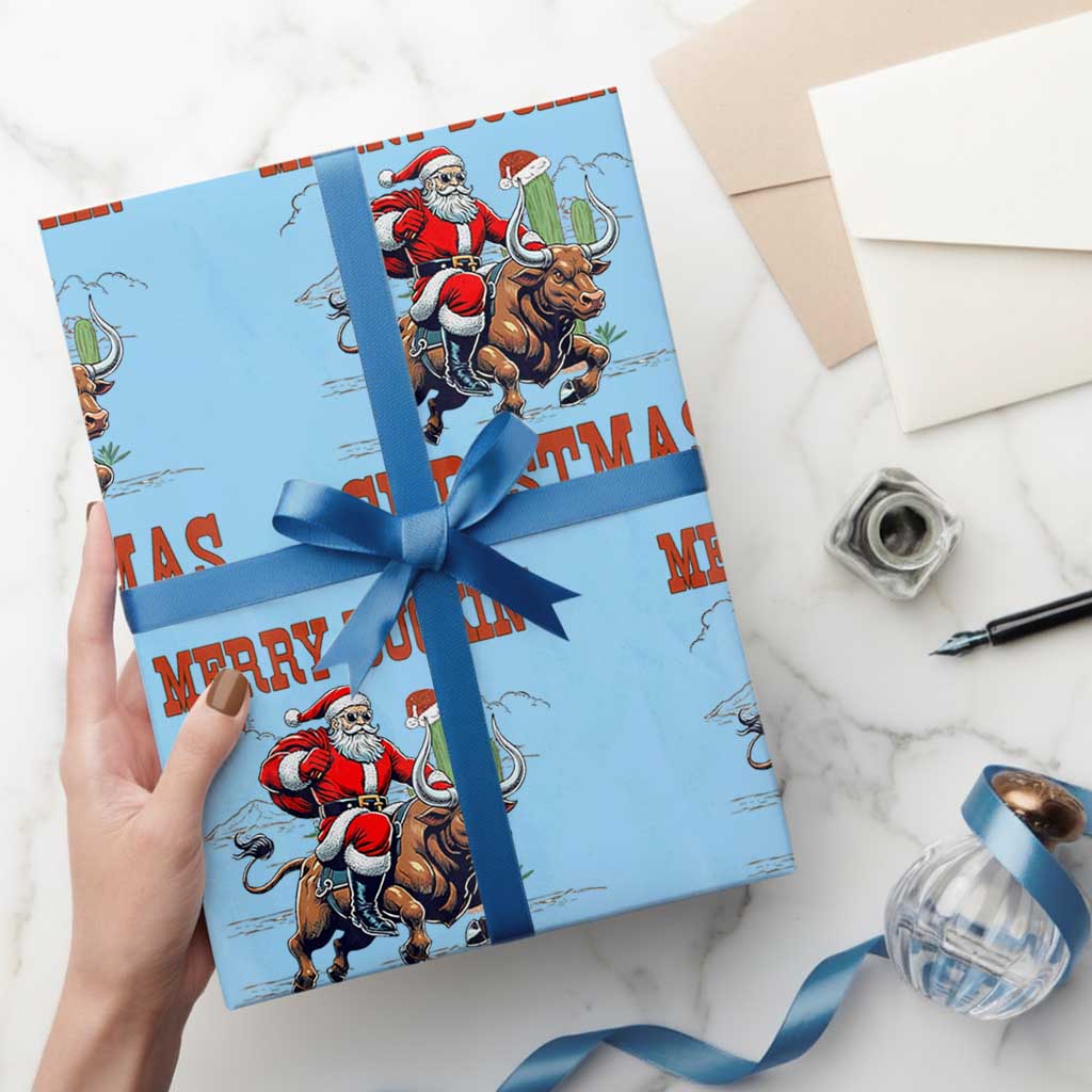 Western Black Santa Merry Buckin Christmas Wrapping Paper Roll Funny Rodeo TS12 Light Blue Print Your Wear