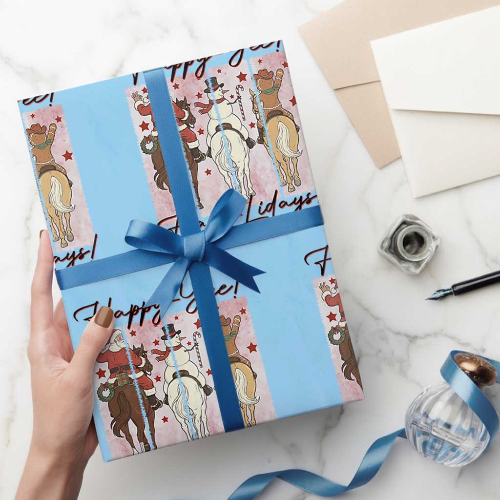 Western Christmas Horse Rider Wrapping Paper Roll Happy Yee Haw Lidays TS12 Light Blue Print Your Wear