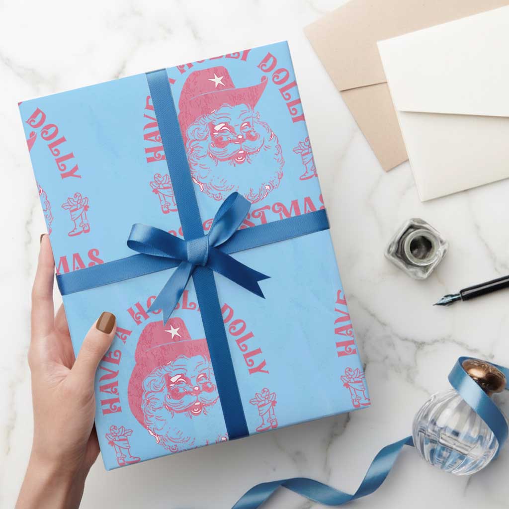 Western Christmas Wrapping Paper Roll Have A Holly Dolly Christmas Cowboy Santa TS11 Light Blue Print Your Wear
