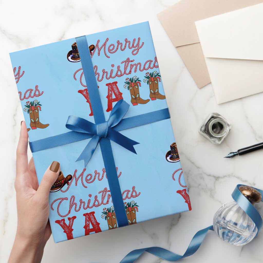 Western Cowboy Howdy Wrapping Paper Roll Merry Christmas Yall Cowgirl Boots Hat TS14 Light Blue Print Your Wear