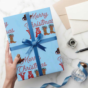 Western Cowboy Howdy Wrapping Paper Roll Merry Christmas Yall Cowgirl Boots Hat TS14 Light Blue Print Your Wear
