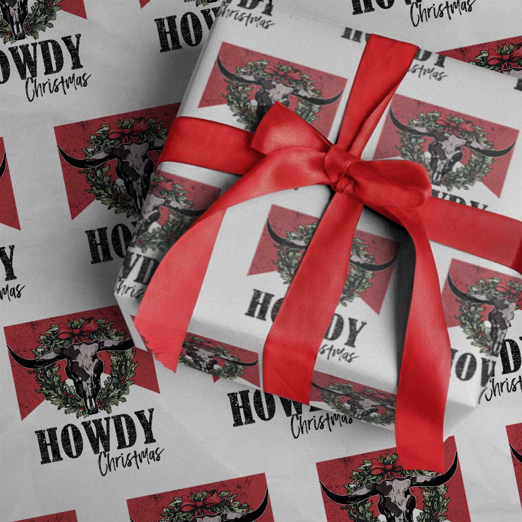 Western Howdy Christmas Wrapping Paper Roll Longhorn Skull Xmas Wreath TS11 White Print Your Wear