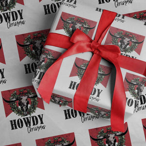 Western Howdy Christmas Wrapping Paper Roll Longhorn Skull Xmas Wreath TS11 White Print Your Wear