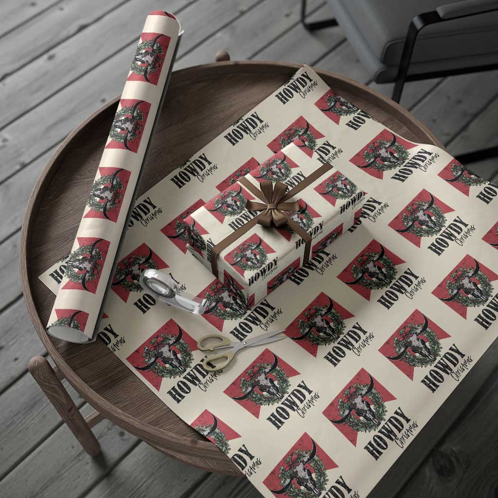 Western Howdy Christmas Wrapping Paper Roll Longhorn Skull Xmas Wreath TS11 Beige Print Your Wear