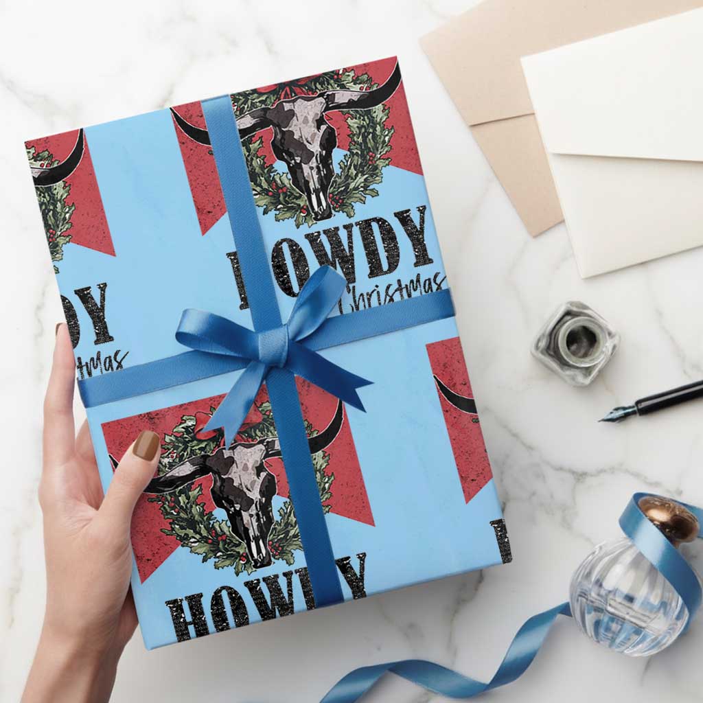 Western Howdy Christmas Wrapping Paper Roll Longhorn Skull Xmas Wreath TS11 Light Blue Print Your Wear