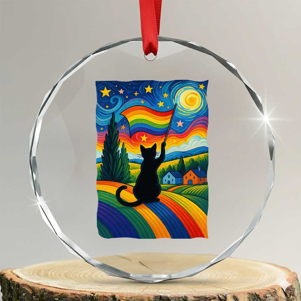 Whimsical Black Cat Pride Flag Crystal Glass Ornament Colorful LGBTQ Rainbow TS02 Transparent Glass 3'' Circle Print Your Wear