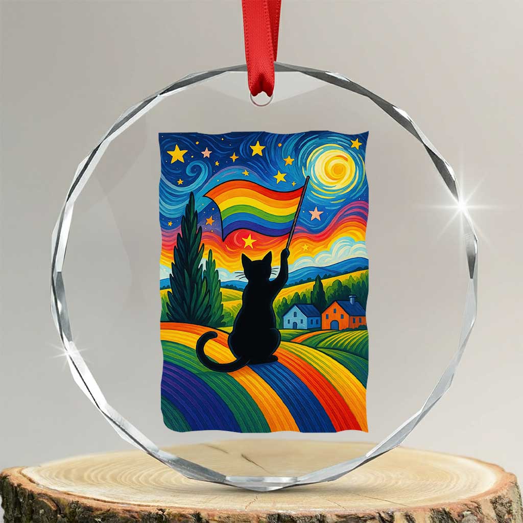 Whimsical Black Cat Pride Flag Crystal Glass Ornament Colorful LGBTQ Rainbow TS02 Transparent Glass 3'' Circle Print Your Wear