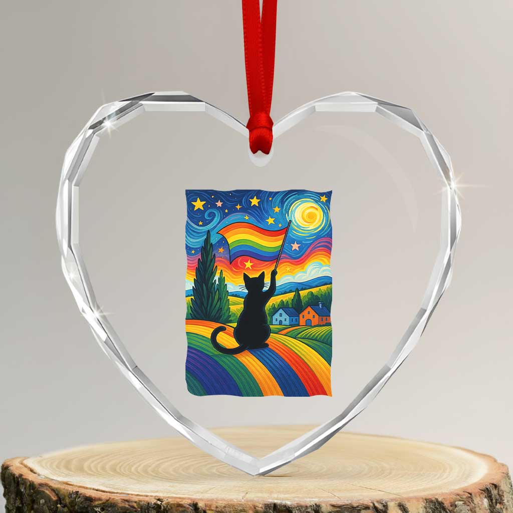 Whimsical Black Cat Pride Flag Heart Crystal Glass Ornament Colorful LGBTQ Rainbow TS02 Transparent Glass 3'' Heart Print Your Wear
