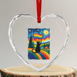 Whimsical Black Cat Pride Flag Heart Crystal Glass Ornament Colorful LGBTQ Rainbow TS02 Transparent Glass 3'' Heart Print Your Wear