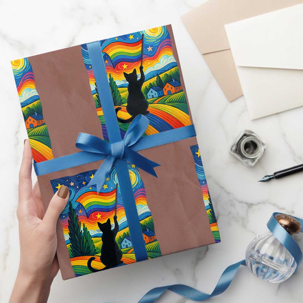 Whimsical Black Cat Pride Flag Wrapping Paper Roll Colorful LGBTQ Rainbow TS02 Mocha Print Your Wear