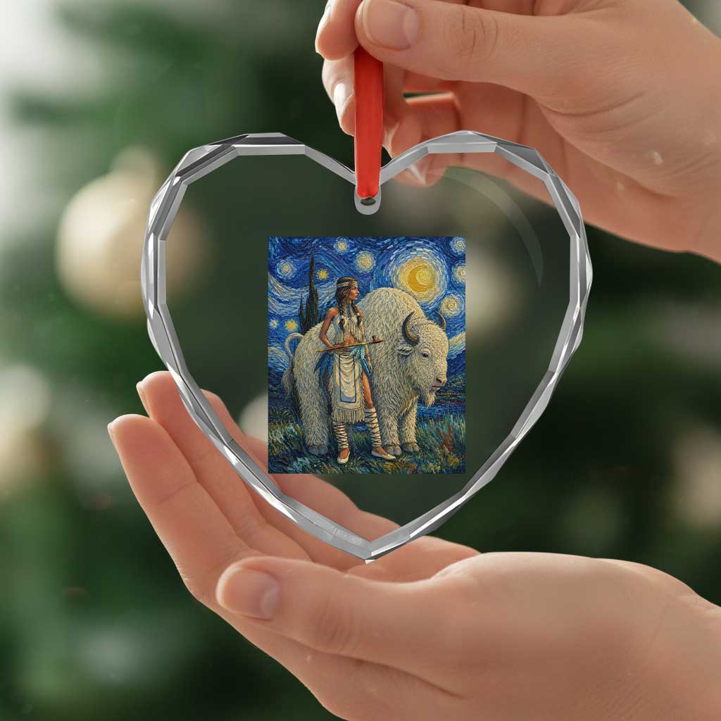 White Buffalo Woman Heart Crystal Glass Ornament North American Native Legends Starry Night Inspired Art