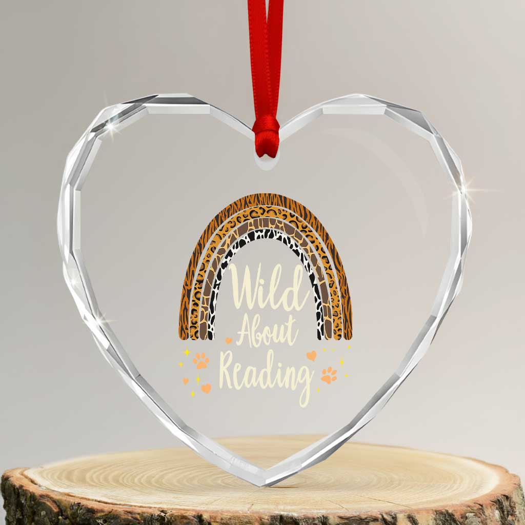 Wild About Reading Heart Crystal Glass Ornament Teacher Student Back to School Retro Rainbow TS02 Transparent Glass 3'' Heart Print Your Wear