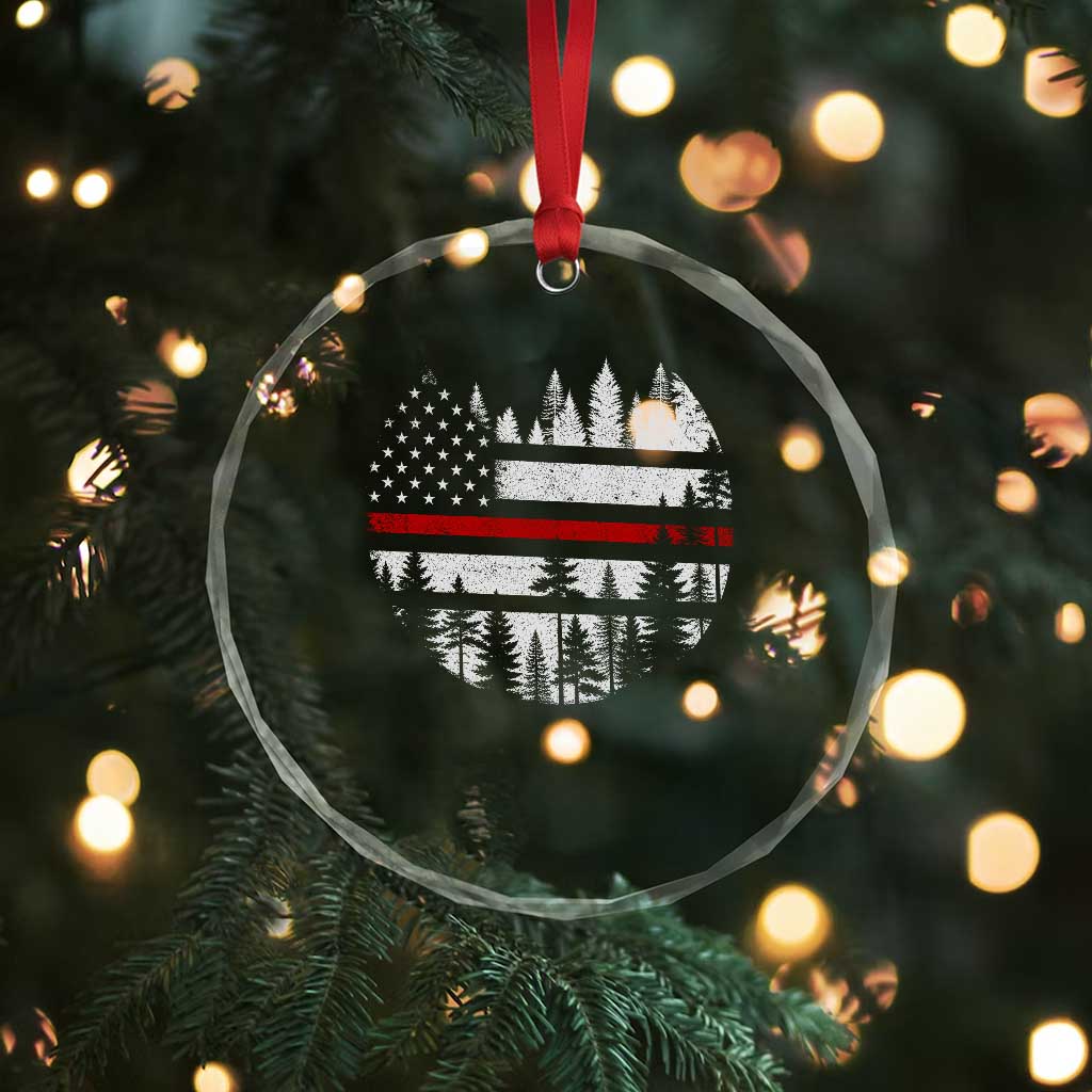 Wildland Firefighter Forest Red Line American Flag Crystal Glass Ornament