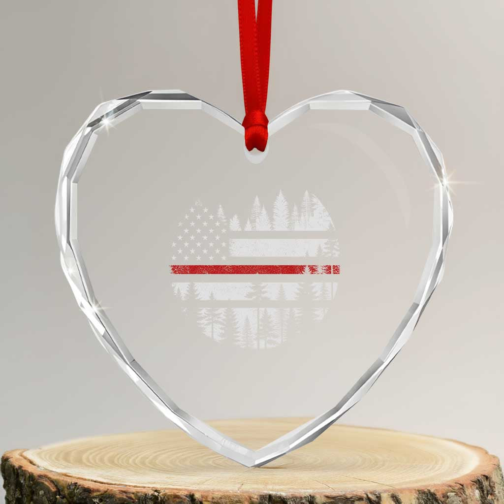 Wildland Firefighter Forest Red Line American Flag Heart Crystal Glass Ornament