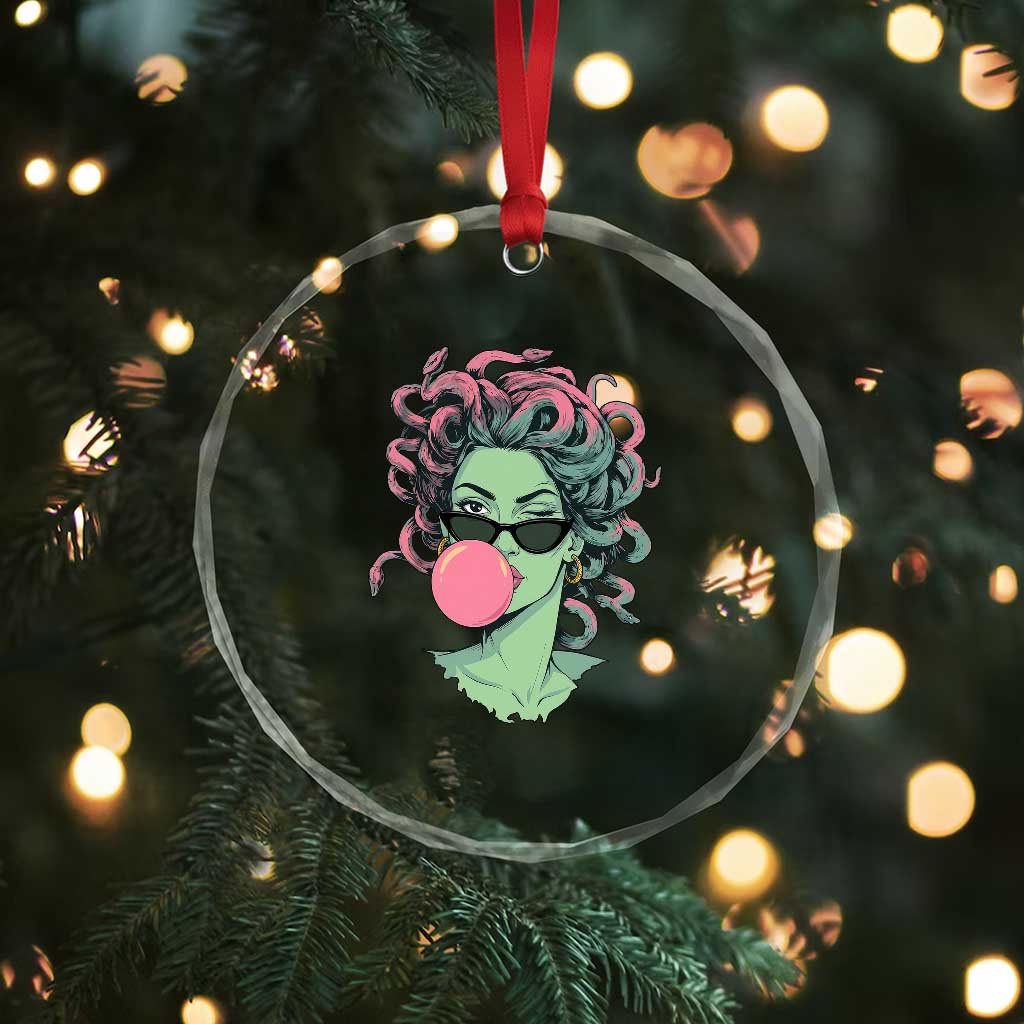 Winking Medusa In Sunglasses Blowing Bubble Gum Crystal Glass Ornament Funny Greek Mythology Pop Art