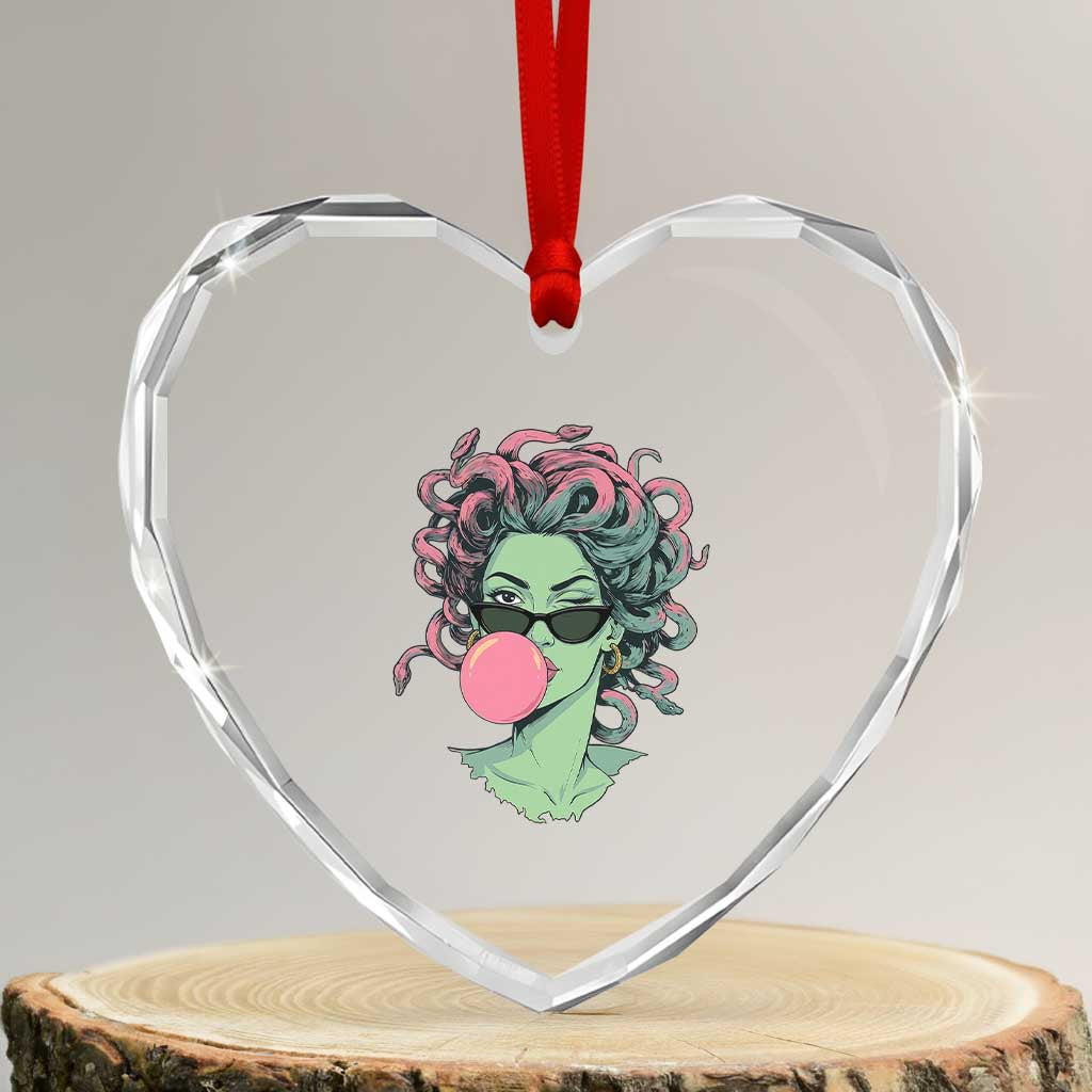 Winking Medusa In Sunglasses Blowing Bubble Gum Heart Crystal Glass Ornament Funny Greek Mythology Pop Art TS12 Transparent Glass 3'' Heart Print Your Wear