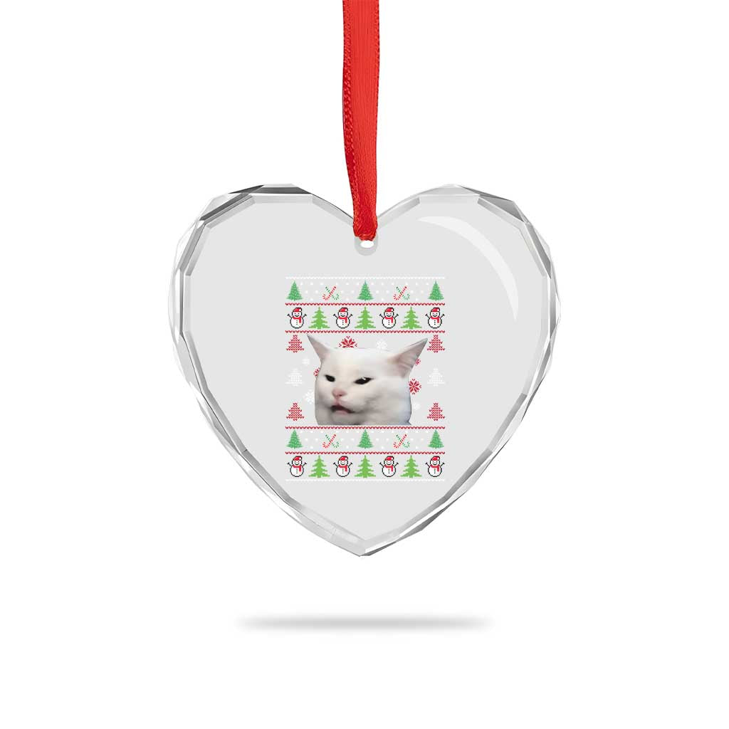 Woman Yelling At A Cat Ugly Christmas Heart Crystal Glass Ornament Funny Cat Meme Matching Couple Christmas Pajama TS10 Print Your Wear