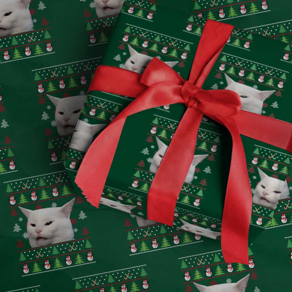 Woman Yelling At A Cat Ugly Christmas Wrapping Paper Roll Funny Cat Meme Matching Couple Christmas Pajama TS10 Green Print Your Wear