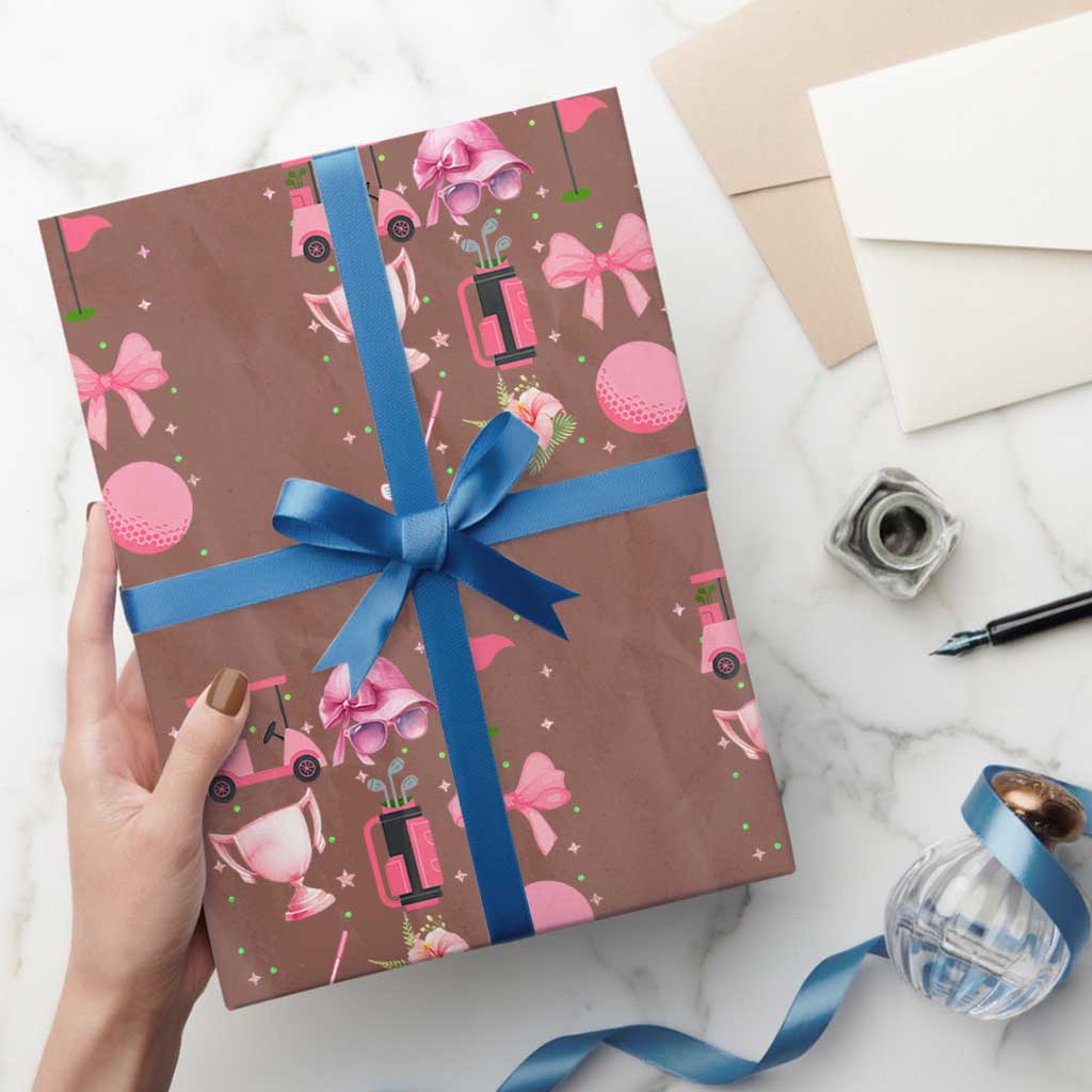 Womens Golf Lover Wrapping Paper Roll Cute Pink Bow Golf Sports Gift TS12 Mocha Print Your Wear