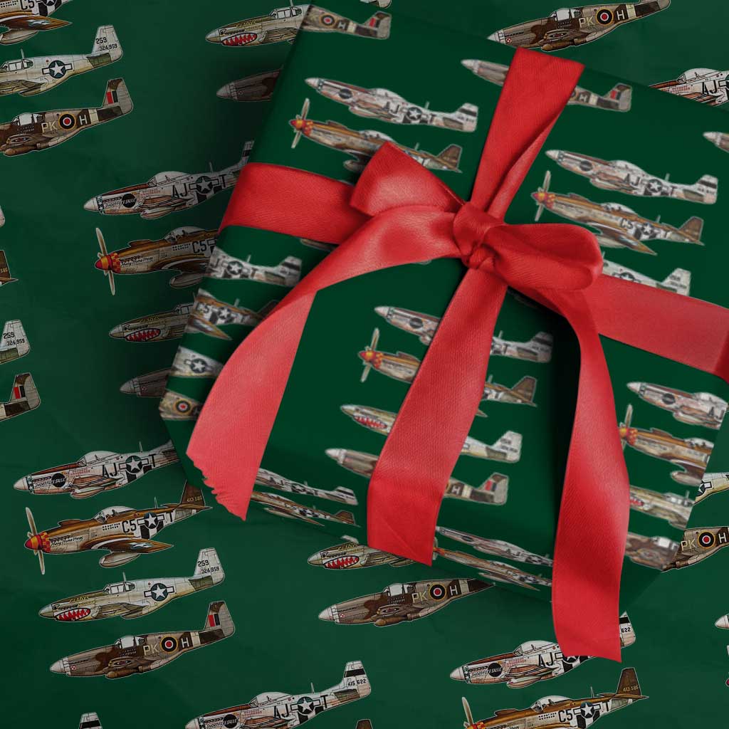 WW2 Warplanes B-17 P51 Wrapping Paper Roll - Vintage WWII Fighter Planes Iconic Military Aircraft TS02 Green Print Your Wear