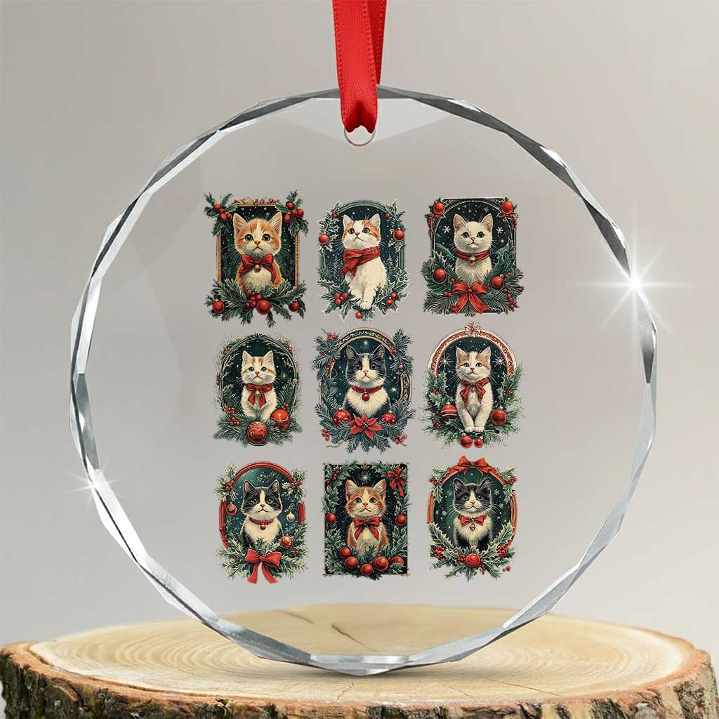 Xmas Cat Crystal Glass Ornament Vintage Kitten Victorian Holly Wreath TS09 Transparent Glass 3'' Circle Print Your Wear