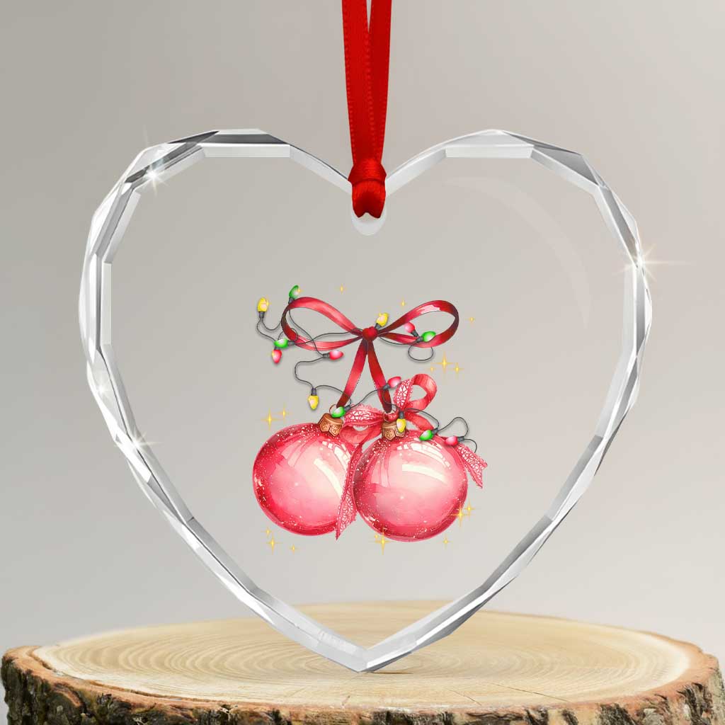 Xmas Coquette Pink Baubles Bow Heart Crystal Glass Ornament TS11 Transparent Glass 3'' Heart Print Your Wear