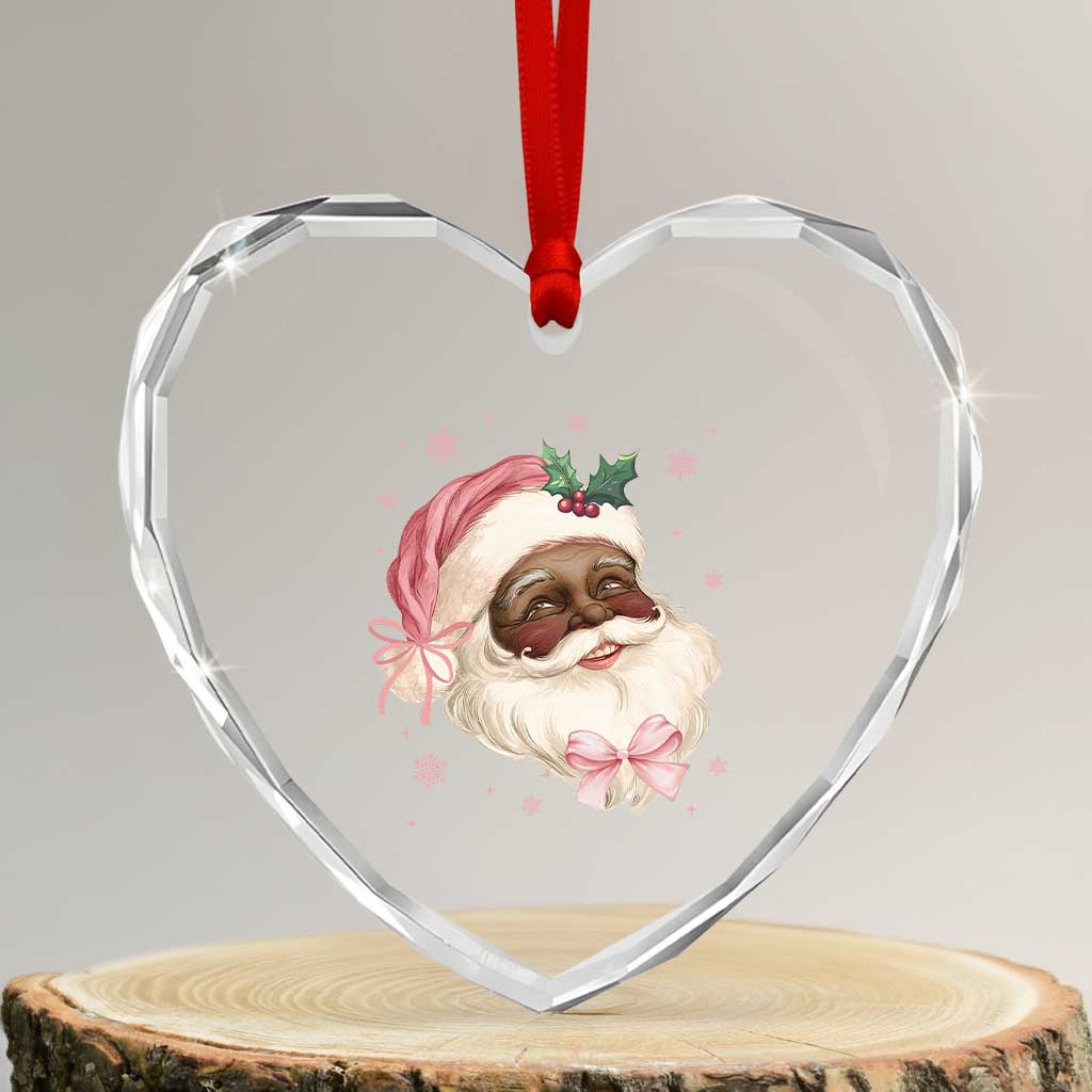 Xmas Coquette Pink Black Santa Bow Heart Crystal Glass Ornament TS11 Transparent Glass 3'' Heart Print Your Wear