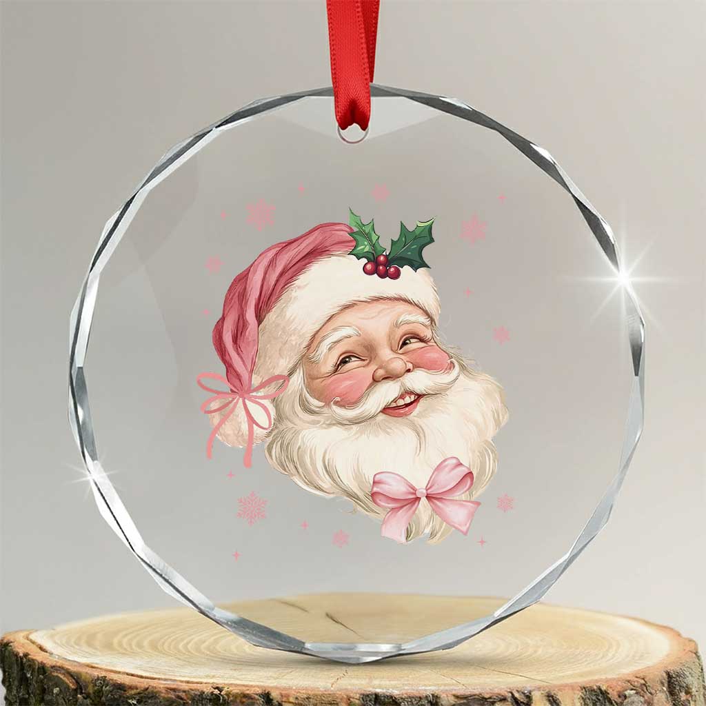 Xmas Coquette Pink Santa Bow Crystal Glass Ornament TS11 Transparent Glass 3'' Circle Print Your Wear