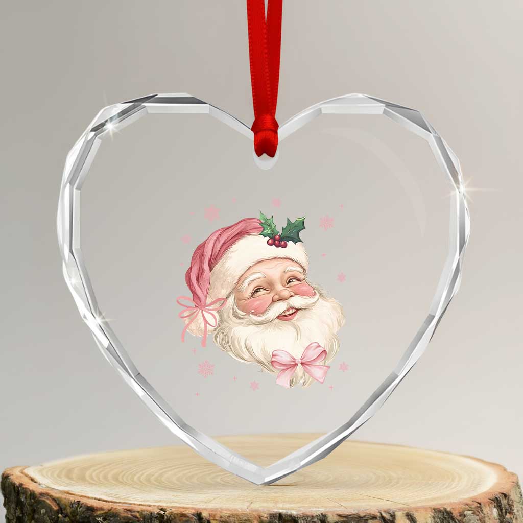 Xmas Coquette Pink Santa Bow Heart Crystal Glass Ornament TS11 Transparent Glass 3'' Heart Print Your Wear